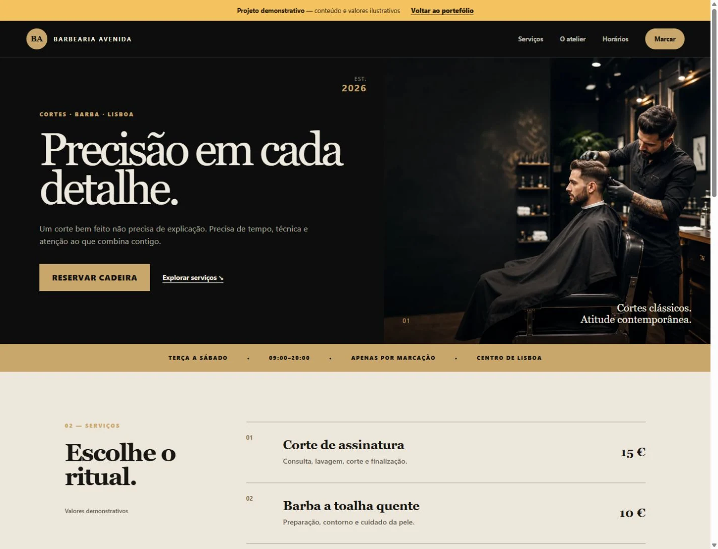Prévia real do website demonstrativo Barbearia Avenida