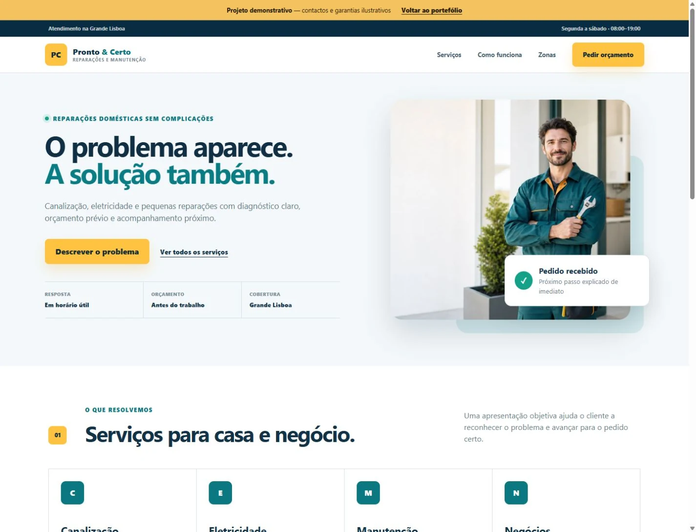 Prévia real do website demonstrativo Serviços locais